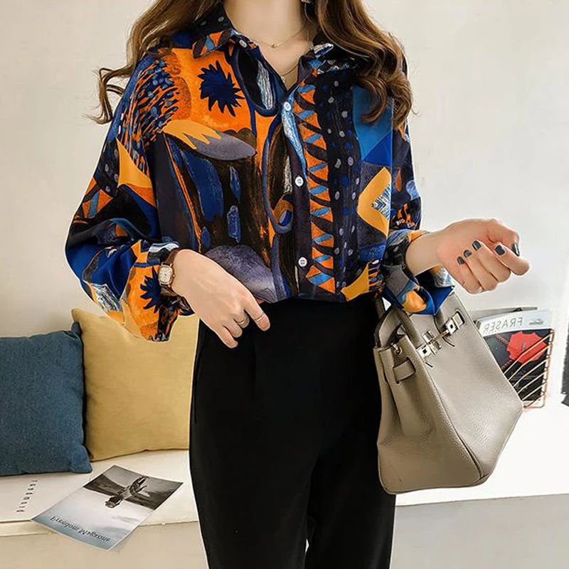 

2022 Модная элегантная женская блузка с принтом рубашка с длинным рукавом Свободная рубашка средней длины винтажная атласная рубашка Женски...
