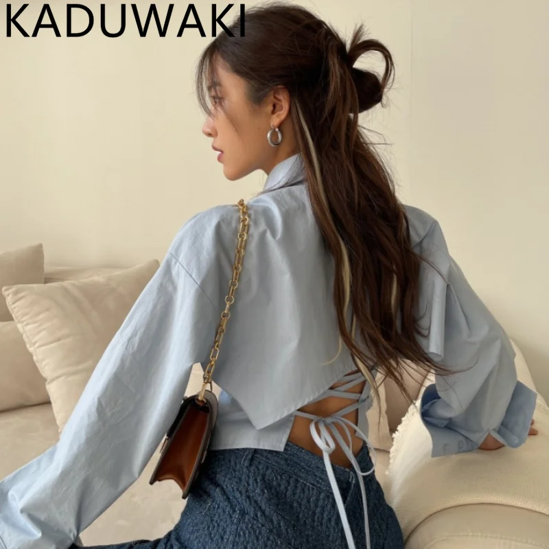 

Turn-Down Collar Hollow Out T-shirt Solid Full Sleeve Cross Lace Up Slim Waist Tops Elegant Single Breasted Blusas Woman Chic