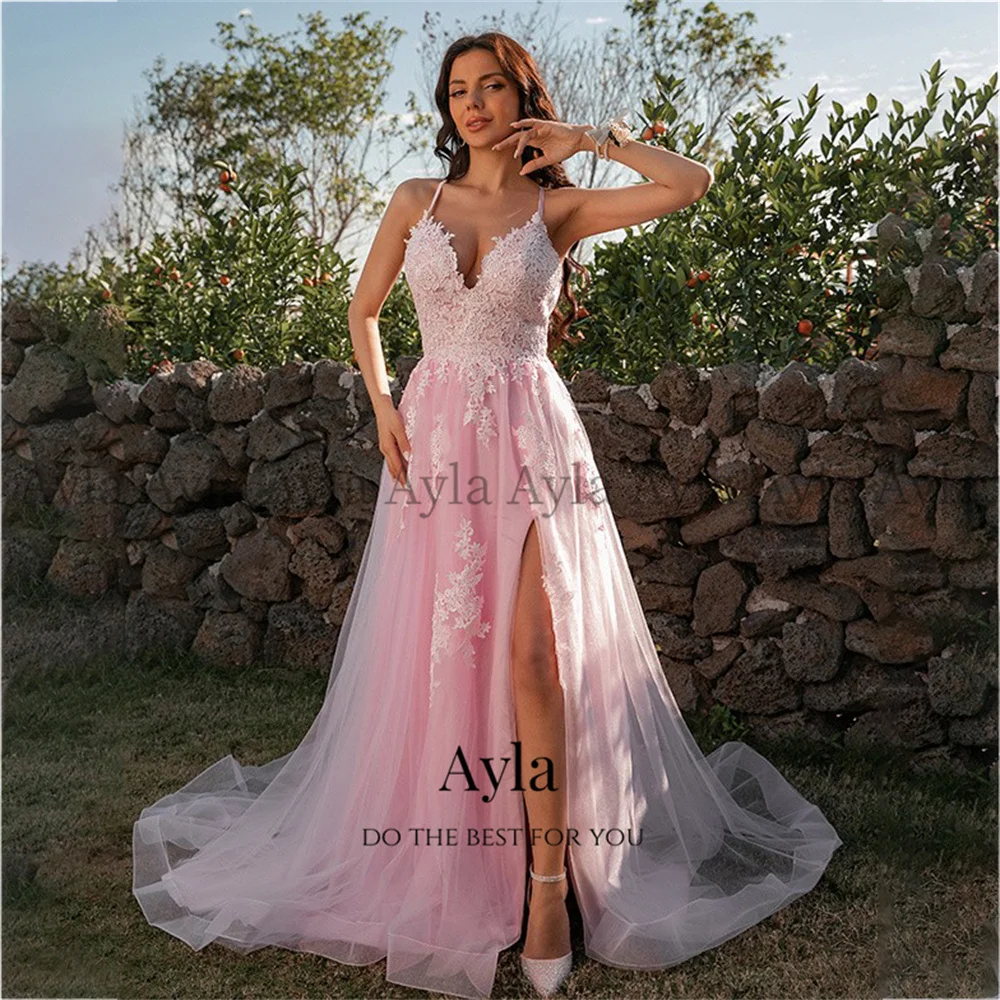 

Elegant Pink Lace Evening Dress A Line Side Slit Prom Party Gowns فستان حفلة موسيقية V Neck Spaghetti Straps فساتين زواجات سهرة