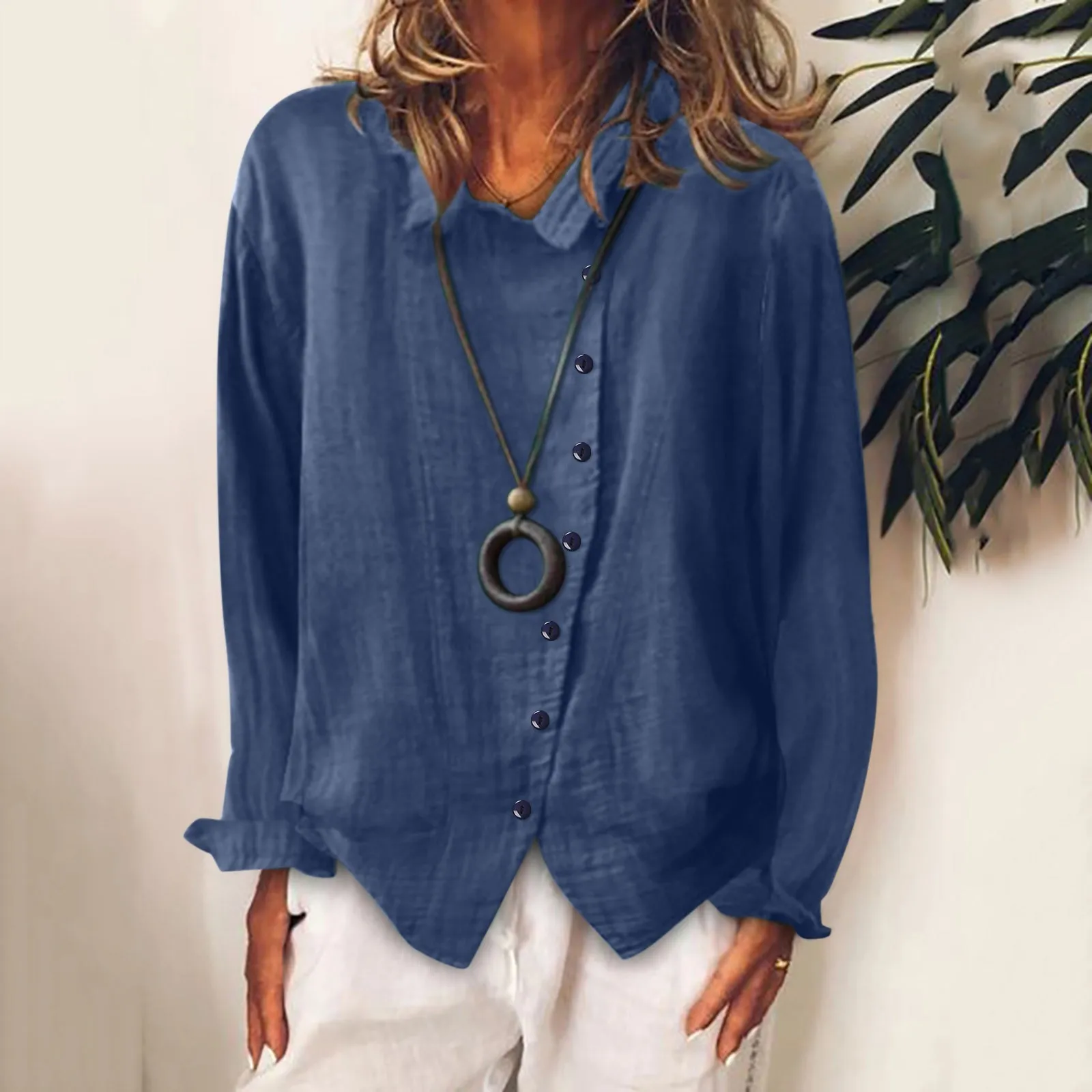 

Womens Long Sleeve Button Down Cotton Linen Shirt Blouse Loose Fit Casual V Neck Tops Polyester Womens Shirt
