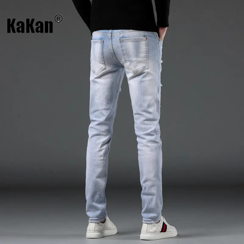 Kakan - New Slim Fit Small Straight Barrel Tear Patch Jeans for Men, Multiple Damaged Street Long Jeans K018-D40