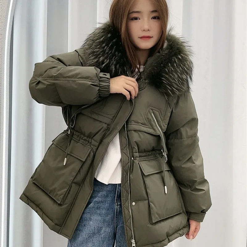 Женский пуховик с капюшоном, теплый пуховик на белом утином пуху с воротником из натурального меха, Y183, зима 2023