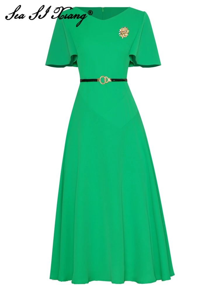 

Seasixiang Fashion Designer Summer Dress Women V-Neck Flare Sleeve Crystal Brooches Sashes Solid Casual Dresses