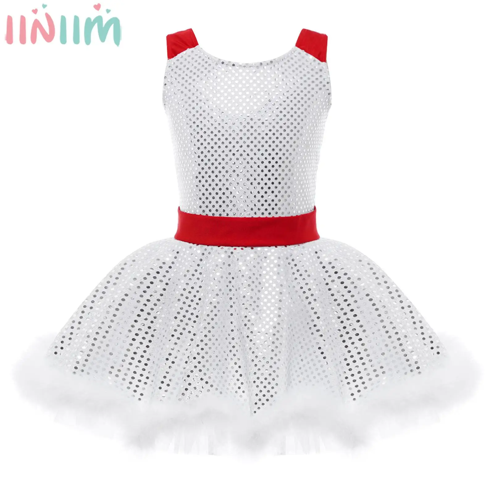 

4-16Y Girls Christmas New Year Party Dance Dress Ballet Tutu Skating Gymnastics Costume Shiny Sequin Faux Fur Leotard Dresses