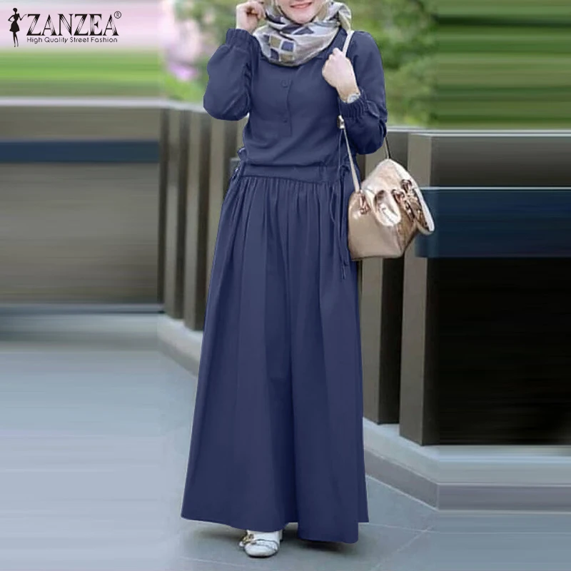 

Elegant Spring Maxi Dress ZANZEA Women Long Sleeve Kaftan Muslim Long Dresses Dubai Turkey Abaya Hijab Dress Islamic Robe Femme