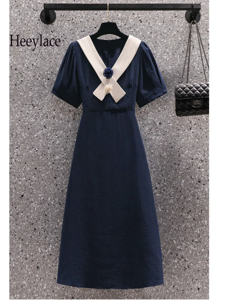 

Женское платье-миди с коротким рукавом, V-образным вырезом и высокой талией