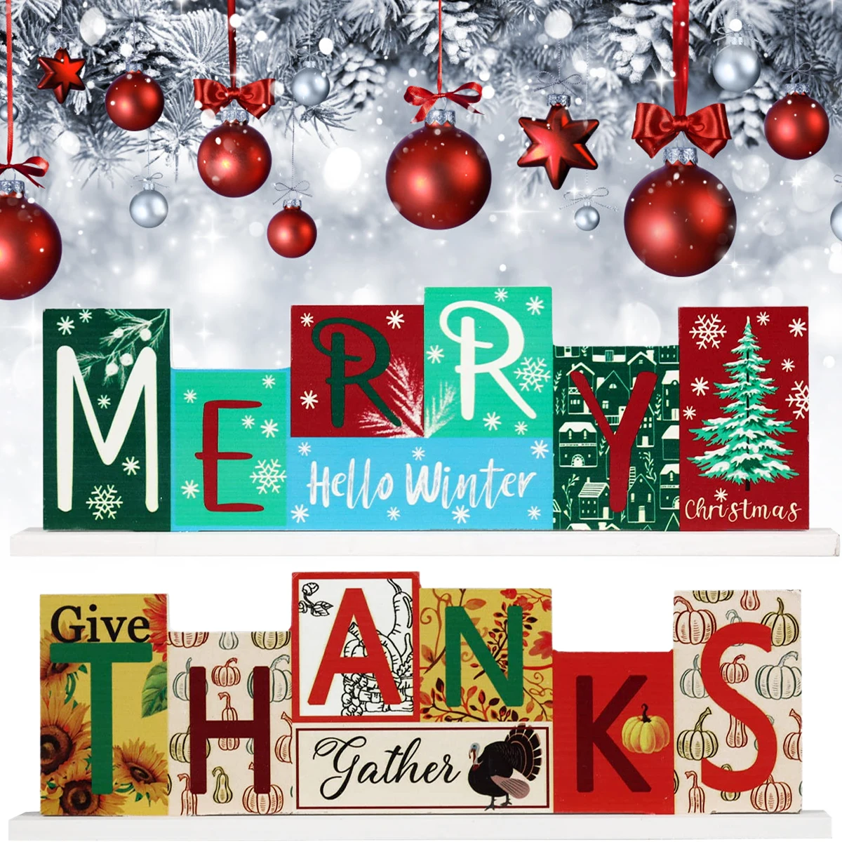 

Двусторонняя Праздничная деревянная вывеска, Набор декоративных деревянных блоков, украшение для осени и Хэллоуина, прочная декоративная ...