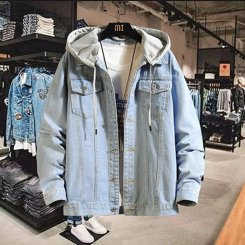 

Autumn Denim Jackets Men Streetwer Fashion Single Breasted Jeans Jacket Hommes Loose Hooded Cotton Outwear Casual Red Blue Coat