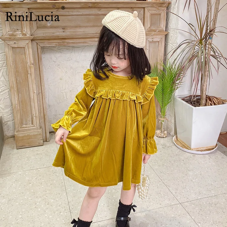 

RiniLucia Autumn 2022 New Girls Dress Long Sleeve Velvet Ruffles Long Sleeve O-neck Solid Color Cute Sweet Baby Vestidos