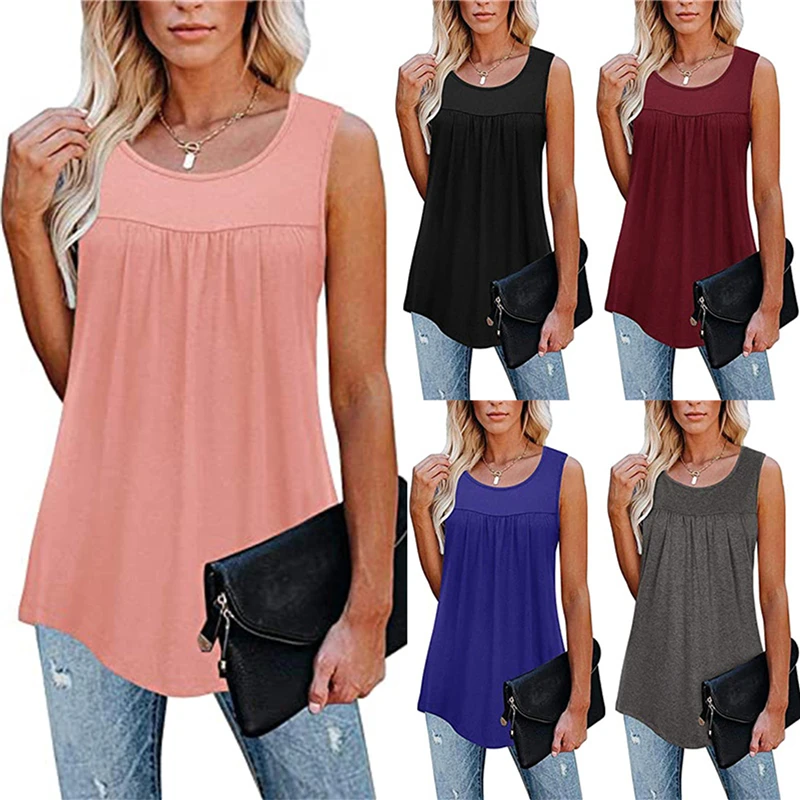 

Женская плиссированная рубашка, Туника без рукавов, цветная блузка с круглым вырезом, женская футболка в стиле Харадзюку, женская одежда, ру...