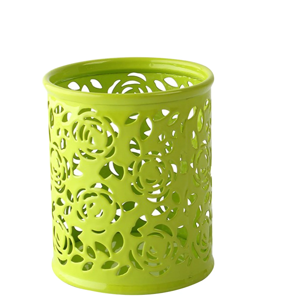 

Hollow Rose Flower Pattern Brush Pot Holder Organizer Iron Round Practical Pen Pencil Cup Stationery Container Storage