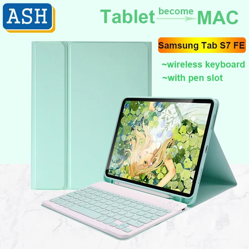 

ASH for Galaxy Tab S7 FE T730 T733 Keyboard Case For Samsung Galaxy Tab S7 FE S7+ Plus Wireless Bluetooth Keyboard Leather Smart