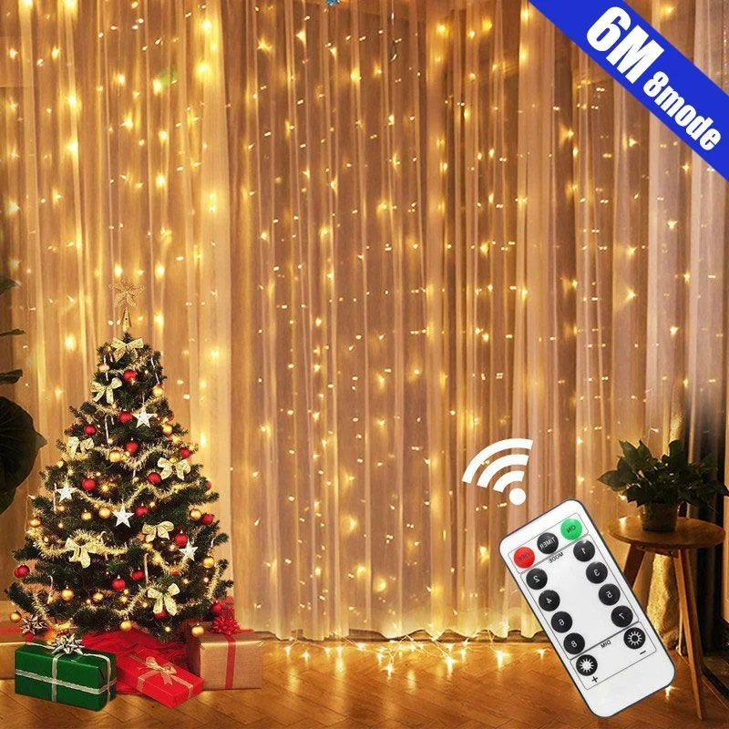 

Curtain Garland String Lights LED Warm Light 8 Modes USB Remote Control Bedroom Holiday Wedding Decoration Fairy Lights for Home