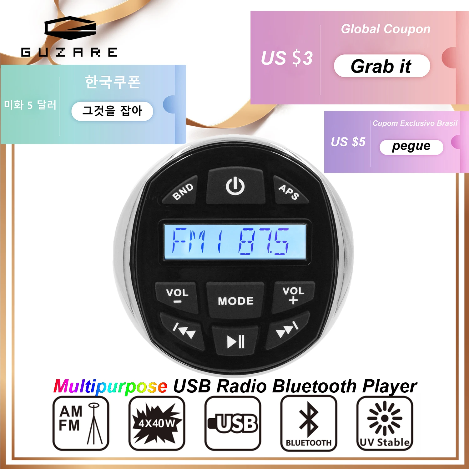 Guzare-Radio Estéreo Marina impermeable, reproductor MP3, USB, Bluetooth, para ATVs, Jet Ski, barcos, sistema de Audio de sonido de transmisión inalámbrica