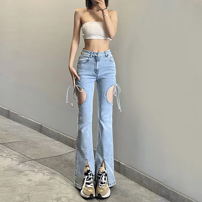 KoHuiJoo Hole jeans For Women 2022 Spring Summer Woman Slim Hollow Out Lace Up High Waist Slim Denim Pants Floor Length Trousers