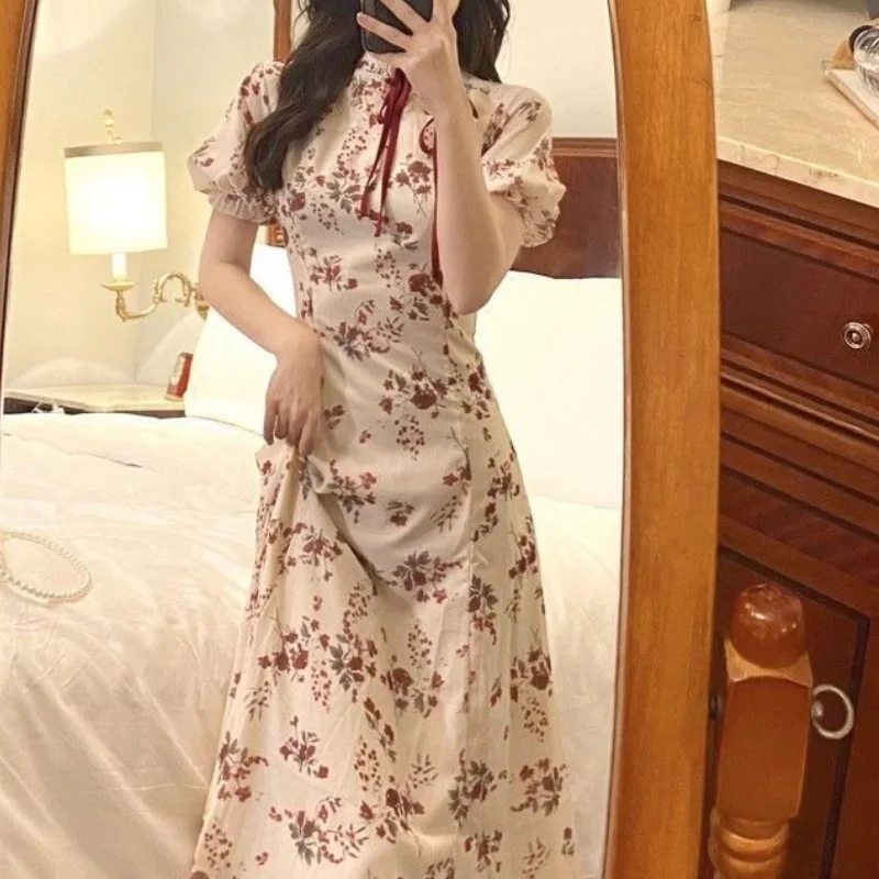 

2021 Summer Elegant Vintage Dresses Women Floral Slim French Casual Fit Chic Dress Puff Sleeve A-line Party Cheongsam Dresses