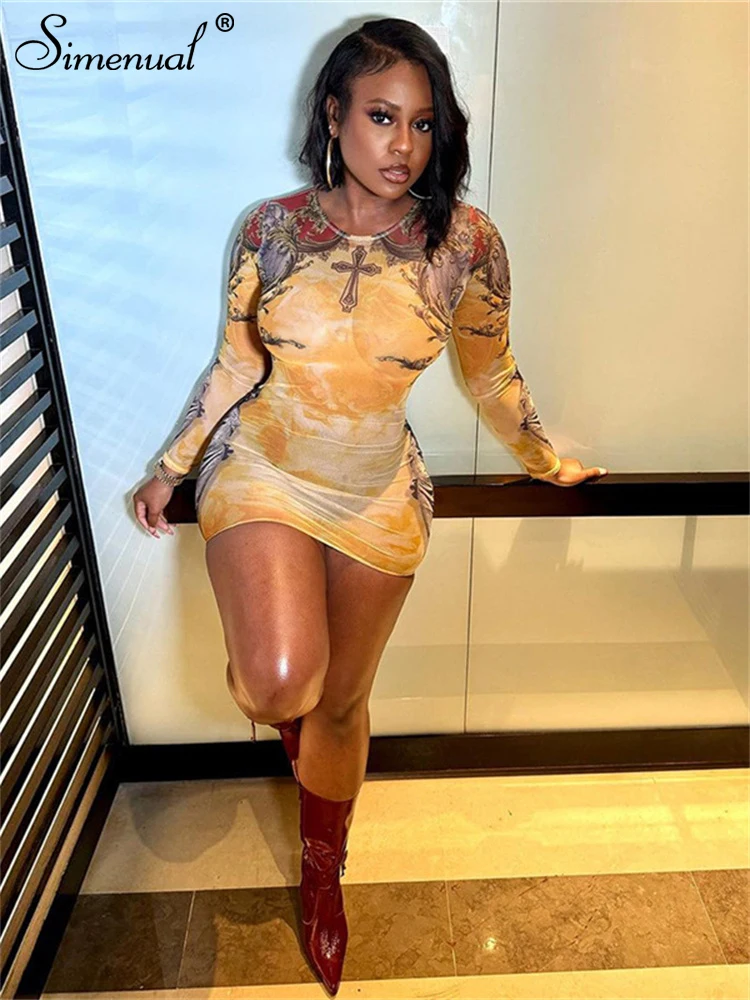 Simenual 90-х годов прозрачное мини-платье с длинными рукавами и цифровым принтом в