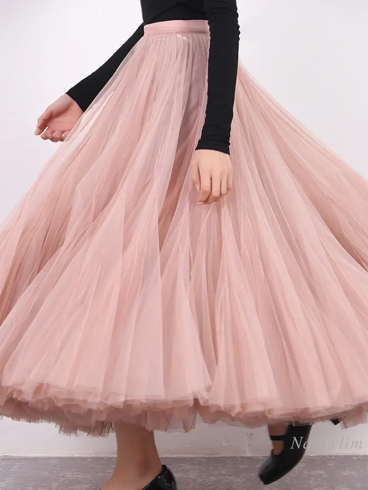 Long Puffy Tulle Skirt for Women 2023 Spring High Waist Multi-Layer Mesh Skirts Elegant Pink Female Clothes