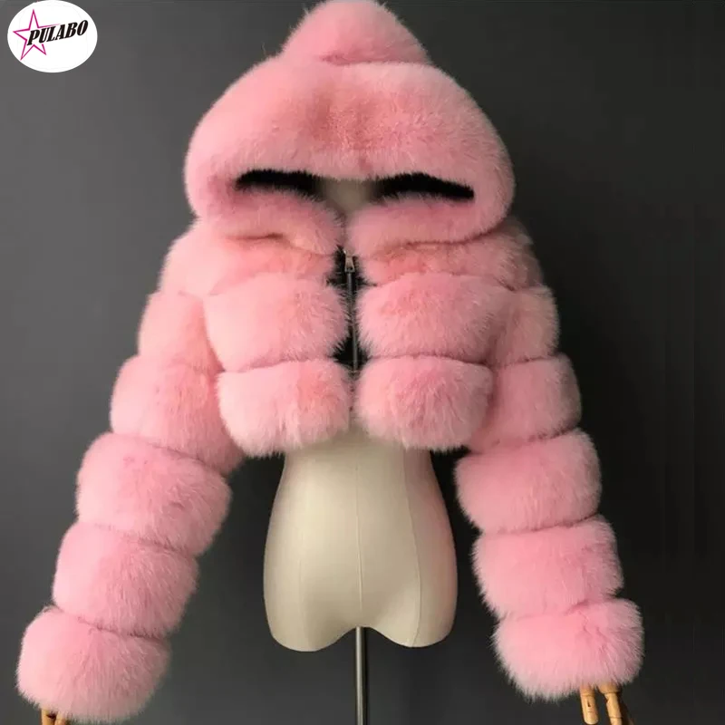 

PULABO High Quality Furry Cropped Faux Fur Coats and Jackets Women Fluffy Top Coat With Hooded Winter Fur Jacket Manteau Femme