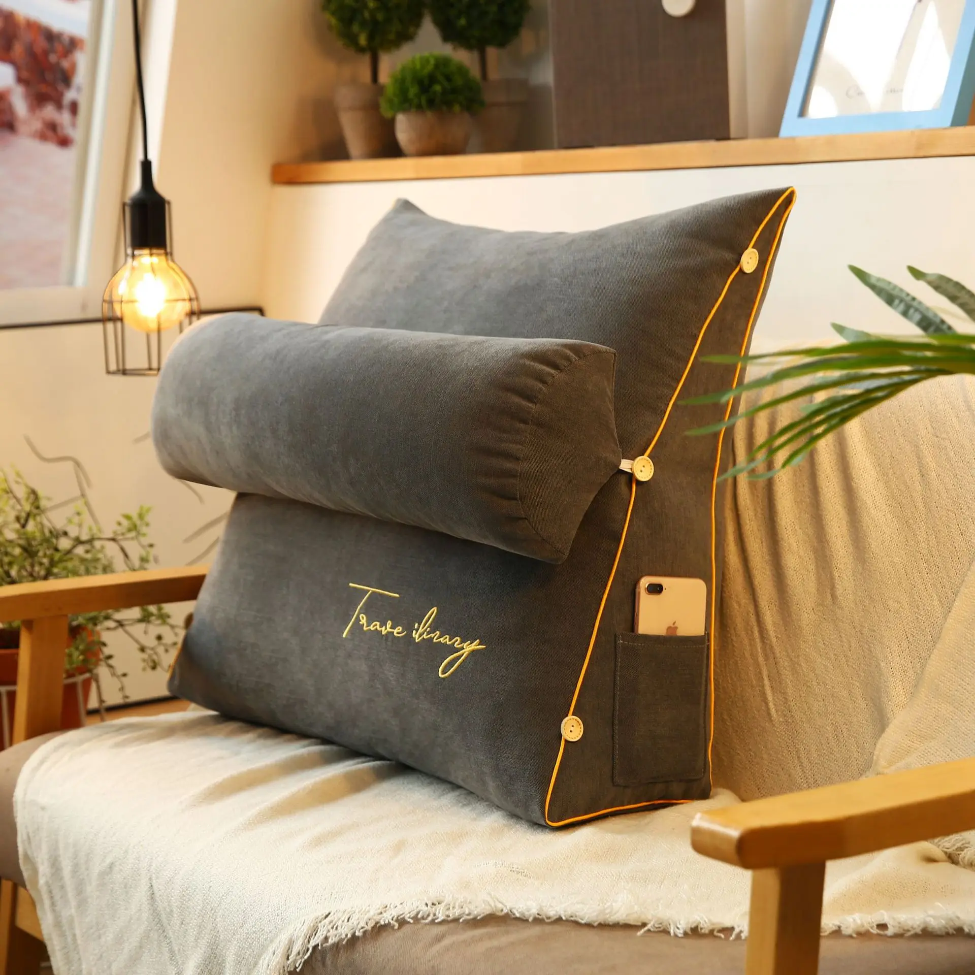 

Removable Bedside Velet Cushion Triangular Bed Backrest Pillow Couple Soft Waist Support body wedge sleeping pillow for Bed