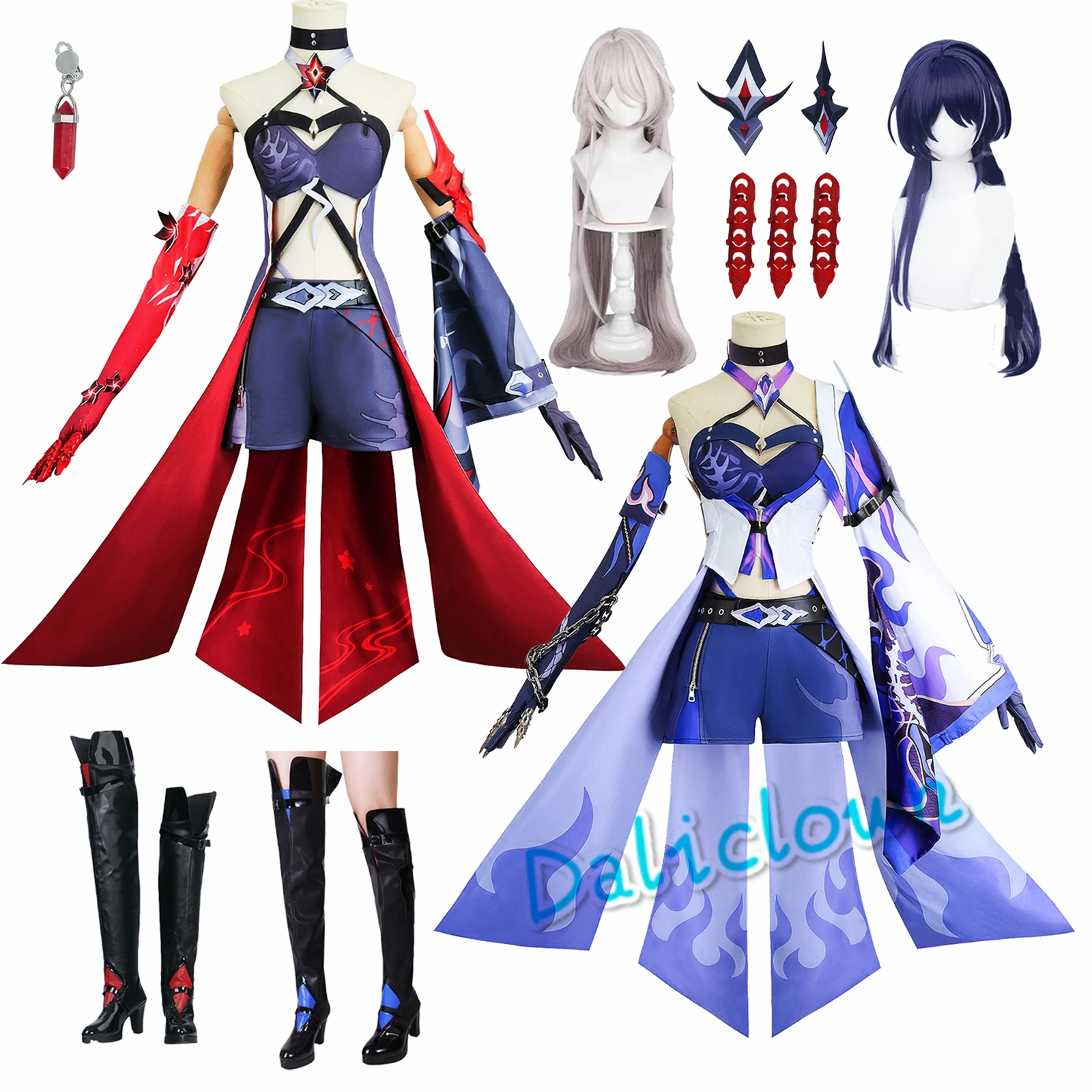 Acheron Косплей HSR Honkai Star Rail Костюм Платье Парик Обувь Сапоги Женская одежда для