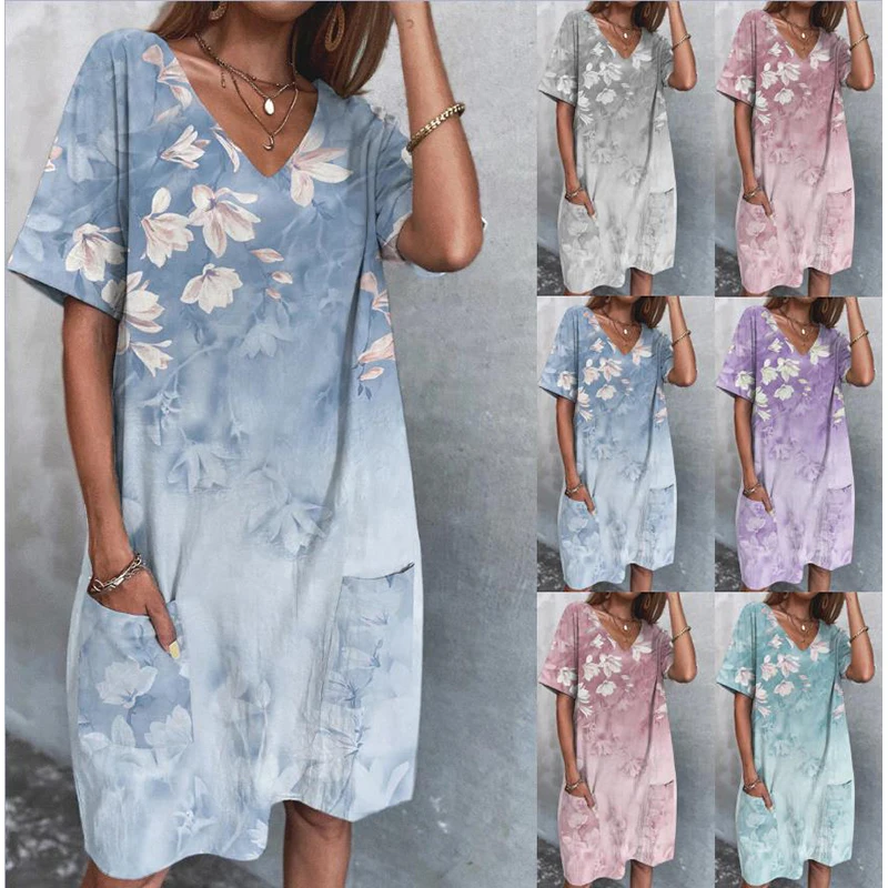 

Bikoles Summer New Fashion Sexy V Neck Short Sleeve Women's Mid Dress 2022 Casual Street Floral Print Pocket Loose Ladies Dress