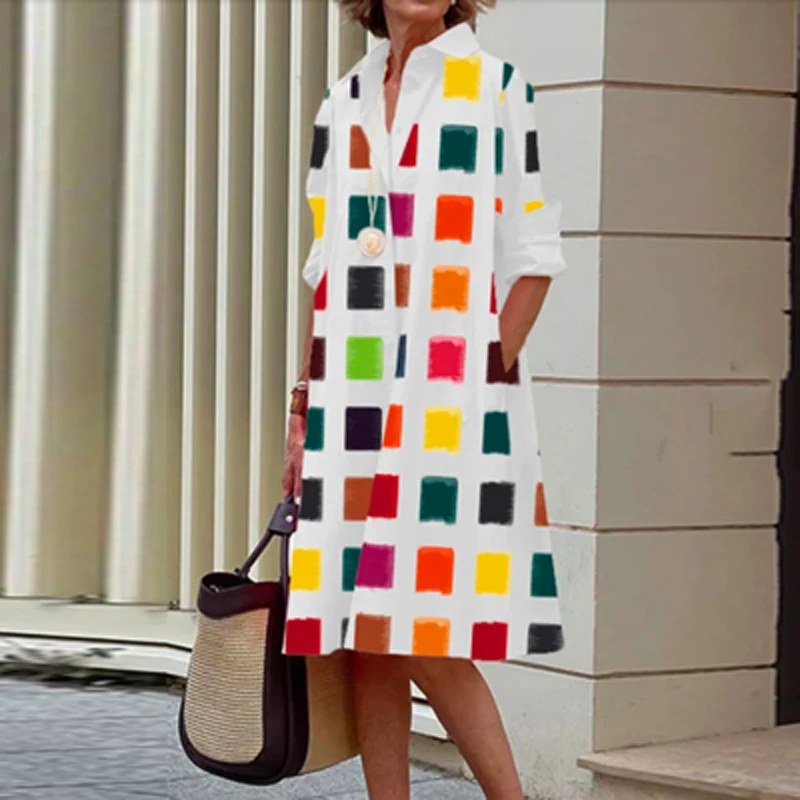 

2023 Elegant Colorful Plaid Loose Shirt Dress Women Casual Long Sleeve Party Dress Office Fashion Lapel Collar Button Midi Dress