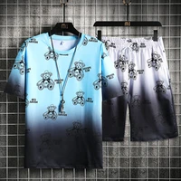summer mens fashion new bear trend brand ice silk short sleeved t shirt summer casual with a loose fitting blouse set