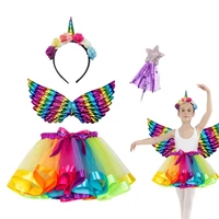 4pcs girls unicorn dress up princess dress with unicorn headband angel wing wand birthday party cosplay props