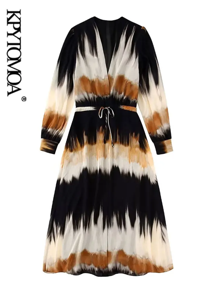 

KPYTOMOA Women Fashion With Tied Tie-Dye Print Midi Dress Vintage V Neck Long Sleeve Female Dresses Vestidos Mujer