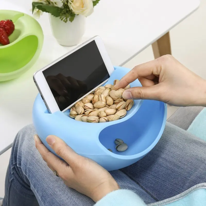 

Lazy Snack Storage Boxes with Phone Holder Plastic Double Layers Bowl Nuts Candy Dry Fruit Plate Organizer Bowl Shelf Organizer