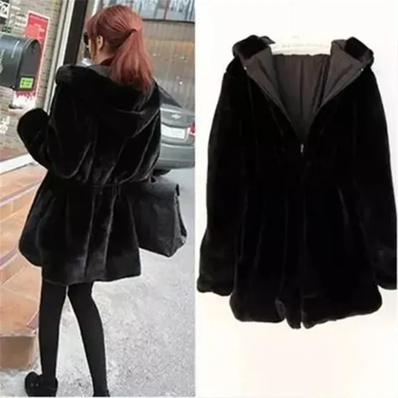 Black Hooded Faux Fur Coat Women Thicken Mid-Length Winter Korean Fashion Slim Warm Jacket Can Be Worn On Both Sides Overcoat