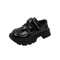 child casual shoe 2022 square toe kids fashion glossy black uk uniform girls non slip boys leather shoes hook loop spring new