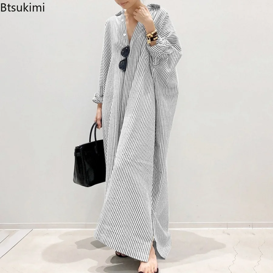 Plus Size 4XL 5XL Women's Casual Striped Cardigan Dress Female Tops Shirts Oversized Long Sleeve Tops Blouse Button Up Shirt