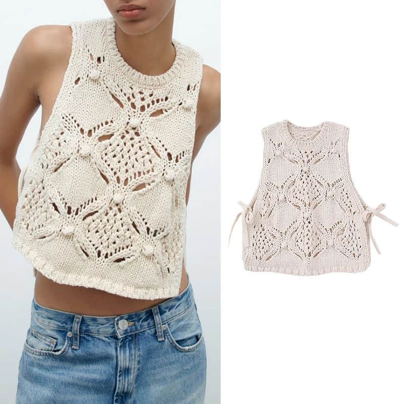 

Elegant Hook Flower Hollowed Out Women Knitted Vest Loose Ball Decoration Sweater Top 2023 Spring Autumn Female Chic Knitwear