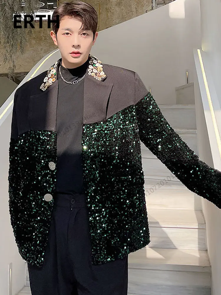 

Куртка ERTH мужская с блестками и бусинами, костюм с отложным воротником, с несколькими пуговицами, свободного кроя в Корейском стиле, индивид...