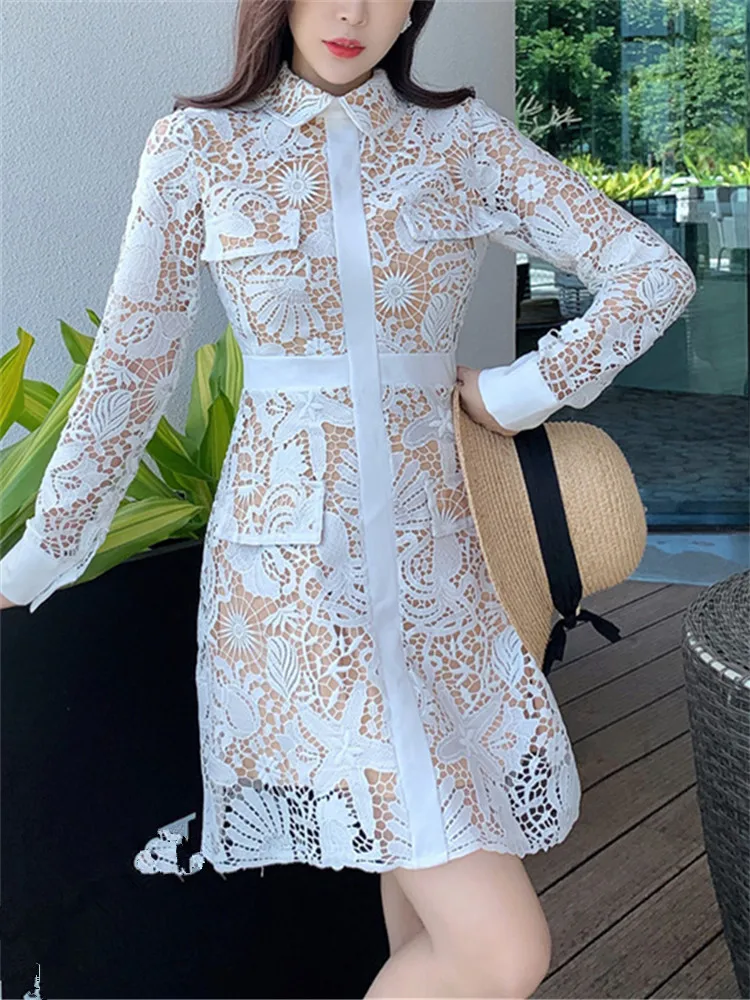 

Lace Elegant Luxury Summer Dresses Women Long Sleeve Party Slim High Waist Dress Embroidery Runway Boho Vintage A-Line 2022