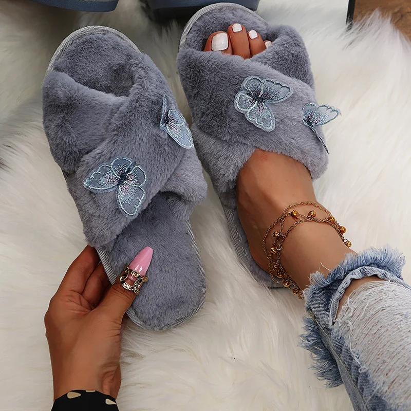 

2022 New Four Seasons Women's Wooly Home Wear Fashionable Personality Simple Cross Belt Butterfly Warm Slippers TX-48