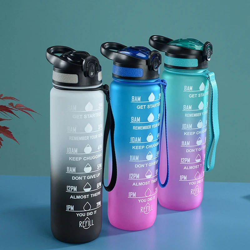 

1L Sport Water Bottle Gradient Time Marker Outdoor Water Cup Large Capacity Fitness Workout Cups Gym Water Drinking Bottle