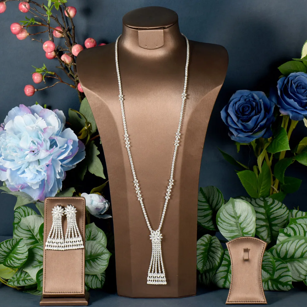 

HIBRIDE Luxury Anniversary 2PCS Zirconia Long Sweater Chain Necklace Earring Sets For Women Bridal Wedding Dubai Party N-1258