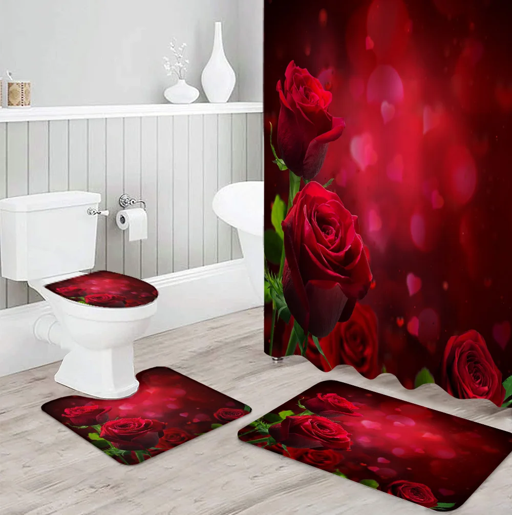

Набор занавесок для душа с романтическим принтом красных роз, ковер, крышка для туалета, коврик для ванной комнаты, бытовой