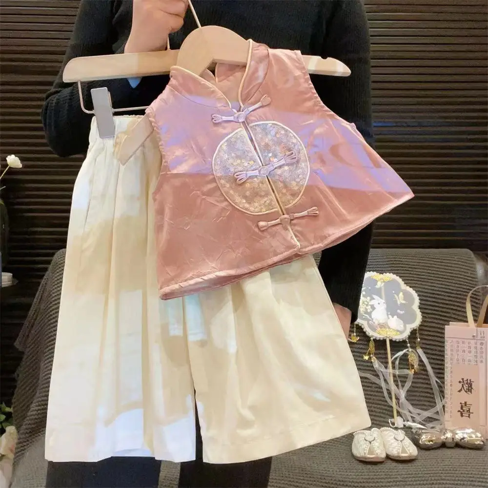 Блузка с вышивкой и брюки широкими штанинами для девочек Новинка лета 2024