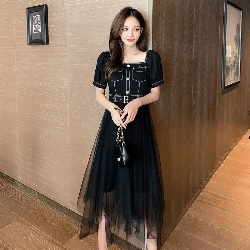 

Summer Dresses Women 2022 Aesthetic Clothing Long Casual Party Prom Vintage Tulle Fashion Maxi Transparent Sexy Black Lace Dress