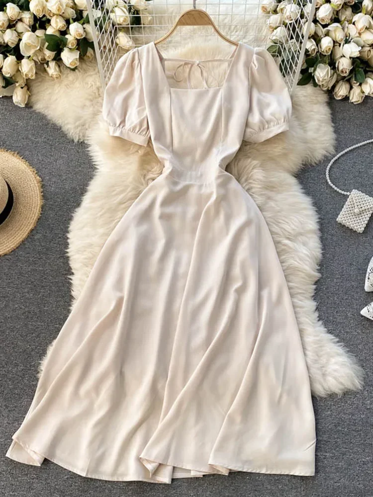 Летнее французское платье в стиле ретро женское миди с квадратным воротником и