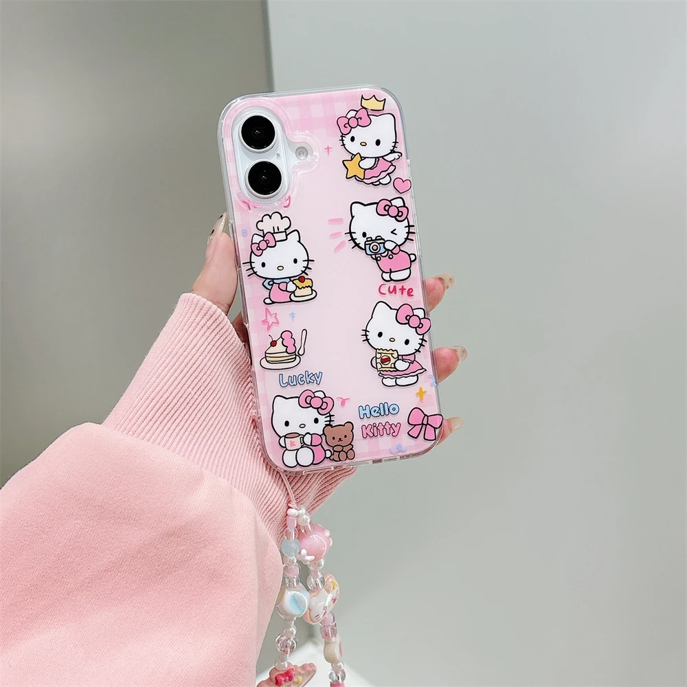 Милый розовый чехол-подставка Hello Kitty с 3D мультяшным держателем для iPhone 16 14 13 15 Pro Max