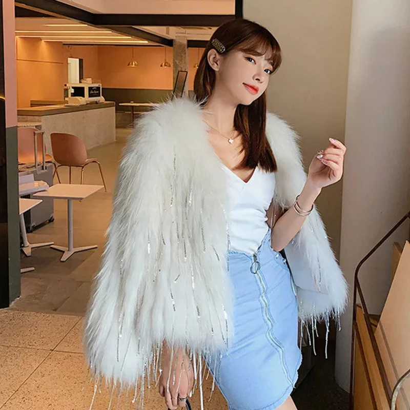 2022 Fashion Tassel Dequins Fox Fur Coat Women Winter Warm Luxury Fur Jacket Plus Size Outwear Female Elegant Party