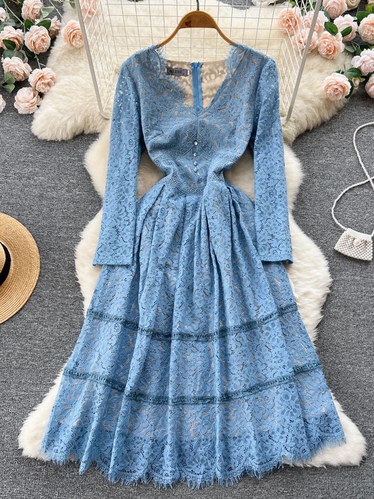 

Aibeautyer New Casual Spring Autumn Solid Slim Full Lady Dress A Line V Neck Chiffon Pullover Mid-Calf High Waist Women Dresses