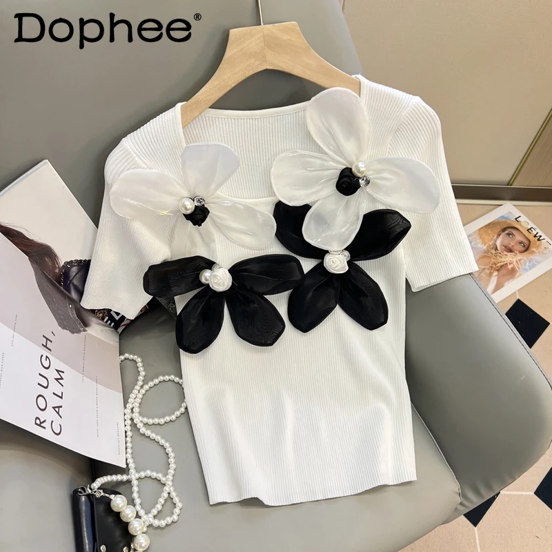 

Beads Three-Dimensional Flowers White Short-Sleeved T-shirt Women's Slim Fit Ice Silk Knitted Tshirt Top 2022 Summer New Clothes
