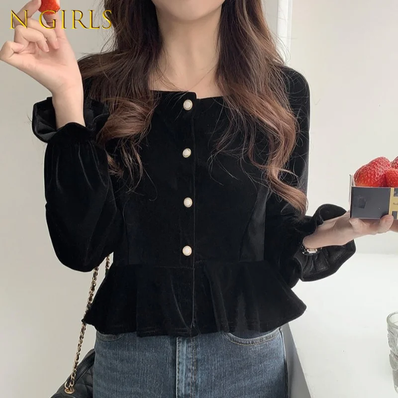 

N GIRLS Retro Black Velvet Blouse Square Collar Button Up Shirt Long Sleeve Autumn Gentle Tops Camisas Fashion Blusas Mujer