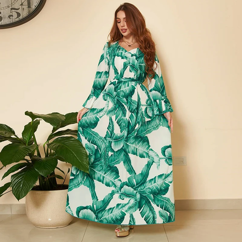 Printed Summer Abayas For Women Dubai 2022 With Belt Muslim Maxi Long Sleeve Fashion Hijab Dress Turkish Islamic Ladies Abaya